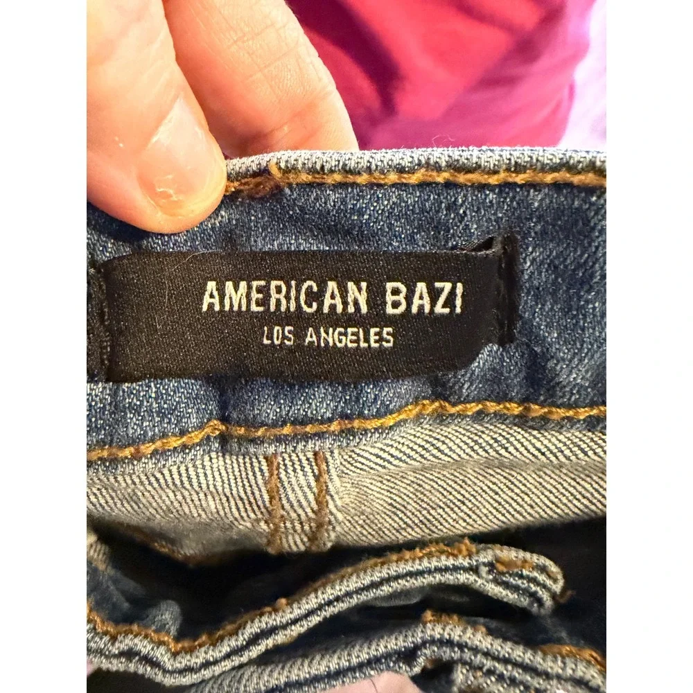 American Bazi High Rise Skinny Jeans Distressed Frayed Hem‎ Blue Denim Women